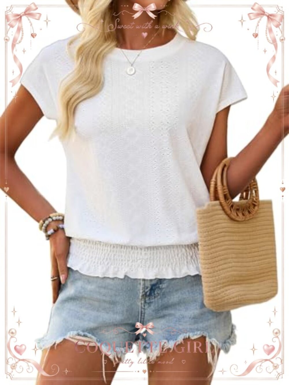 Women's Eyelet Short Sleeve Smocked Waist Tunic Top